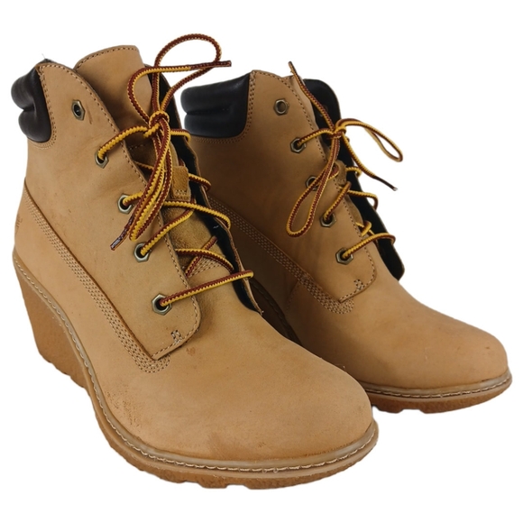 Timberland 8 Tan Brown Red Yellow Wedge Booties Ankle Boots Womens Laces Leather - Picture 5 of 16
